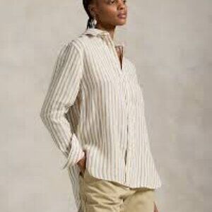 NWT Ralph Lauren Brown and White 100% Linen Button Down Shirt - Oversize